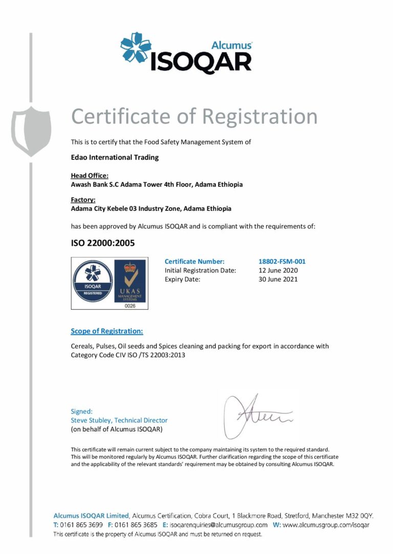 Edao Trading ISO-22000-2005 Certification